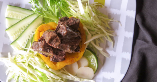 Balsamic Beef in Yellow Pepper Bowl with Sautéed Cabbage