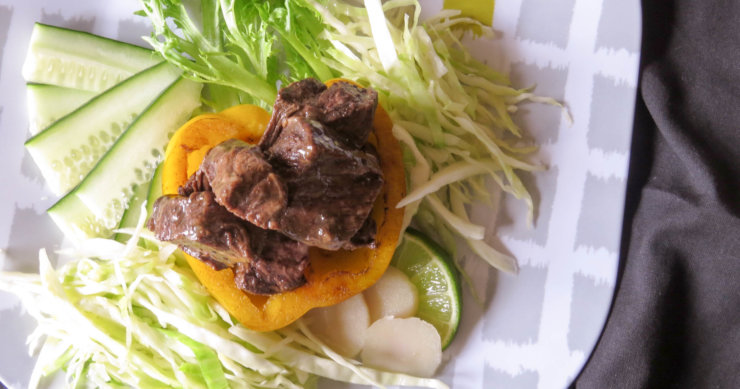 Balsamic Beef in Yellow Pepper Bowl with Sautéed Cabbage