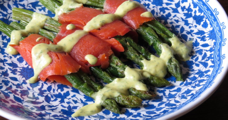Salmon Wrapped Asparagus with Mustard Dill Sauce